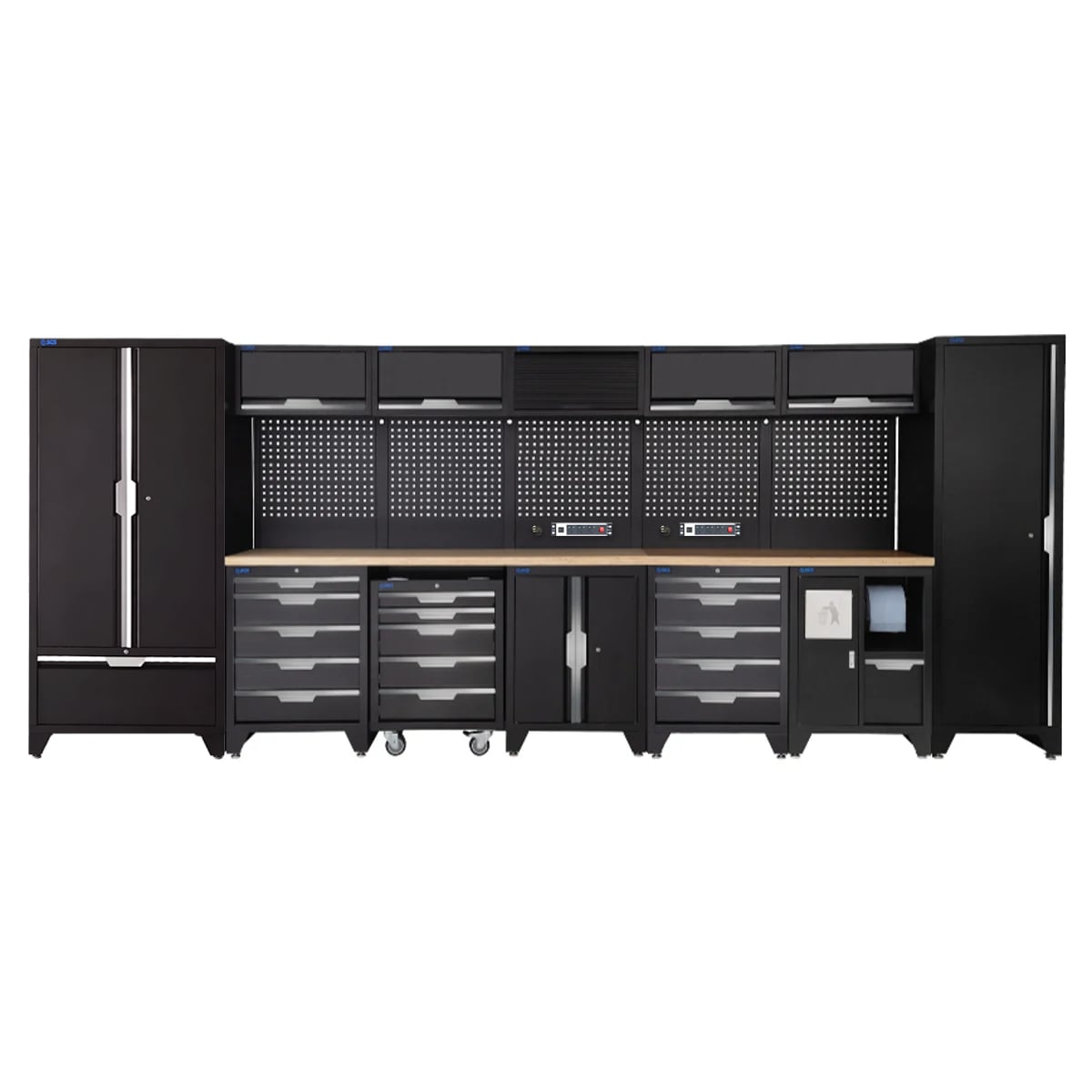 SGS 17pc Garage Storage System | 15 Drawers | Pressed Wood Worktop | Tall Single & Double Cabinet with Drawer | Bin Unit | Floor Cabinet | 5x Upper Cabinets | 2x Pegboards with Power Strip